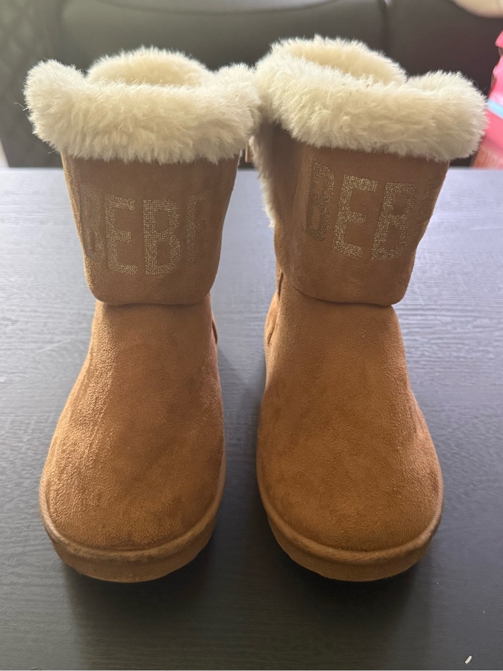 Bebe Chestnut Faux Suede Fur-Trim Boots